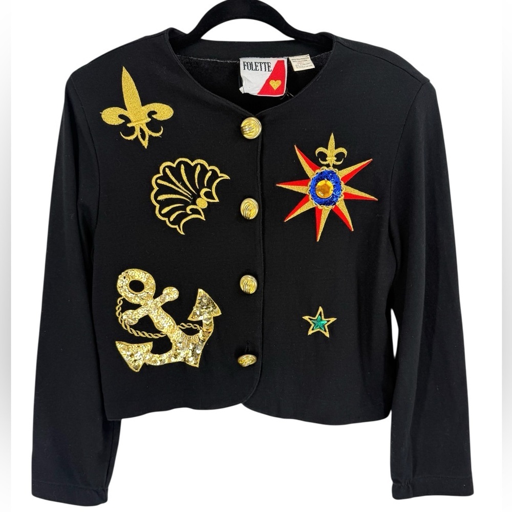 Folette Vintage Embellished Nautical Jeweled Anchor Jacket Gold Buttons